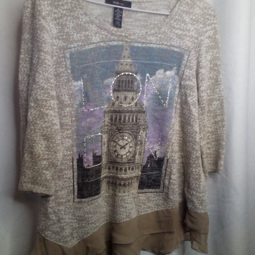 Style & Co Shirt Sweater S Lightweight 3/4 Sleeve Ruffle Trim London Beads